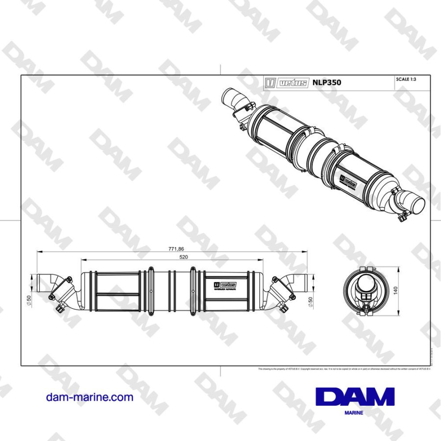 WATERLOCK / SILENCER NLP350 (5 LS), 50 MM WITH ORIENTABLE OUTLETS