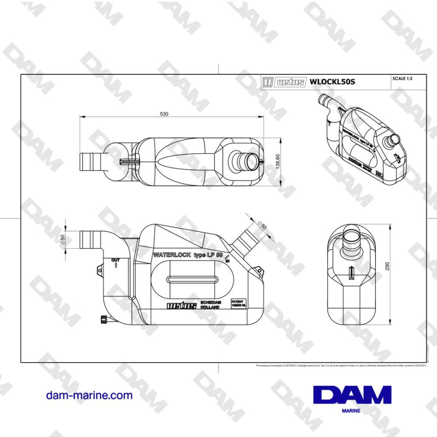 WATERLOCK VETUS SYNTHETIC LP50 - Ø50MM - FIXED ELBOWS - "SUPER"