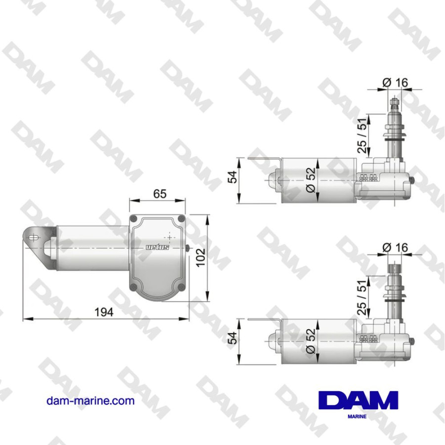 MOTEUR ESSUIE-GLACE 24V, ARBRE 1", TYPE RWS, A DEUX VITESSES ET RETOUR A L'ARRET