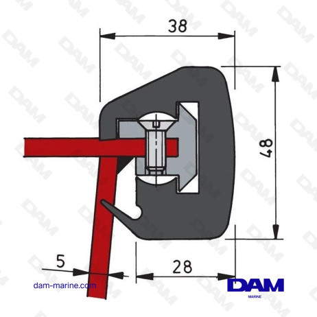 LISTON, GRIS FONCÉ, POUR BATEAUX EN ACIER, 42 X 38 MM, COMPLET, ROULEAU DE 30 M.