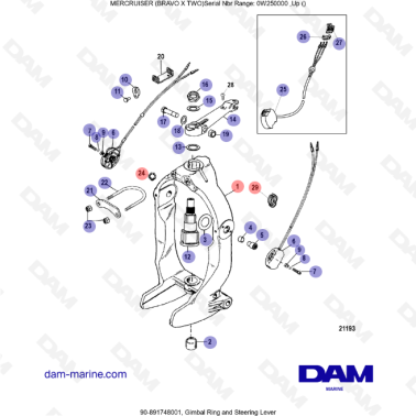 Vue éclatée Levier de direction embase Mercruiser Bravo 2 X