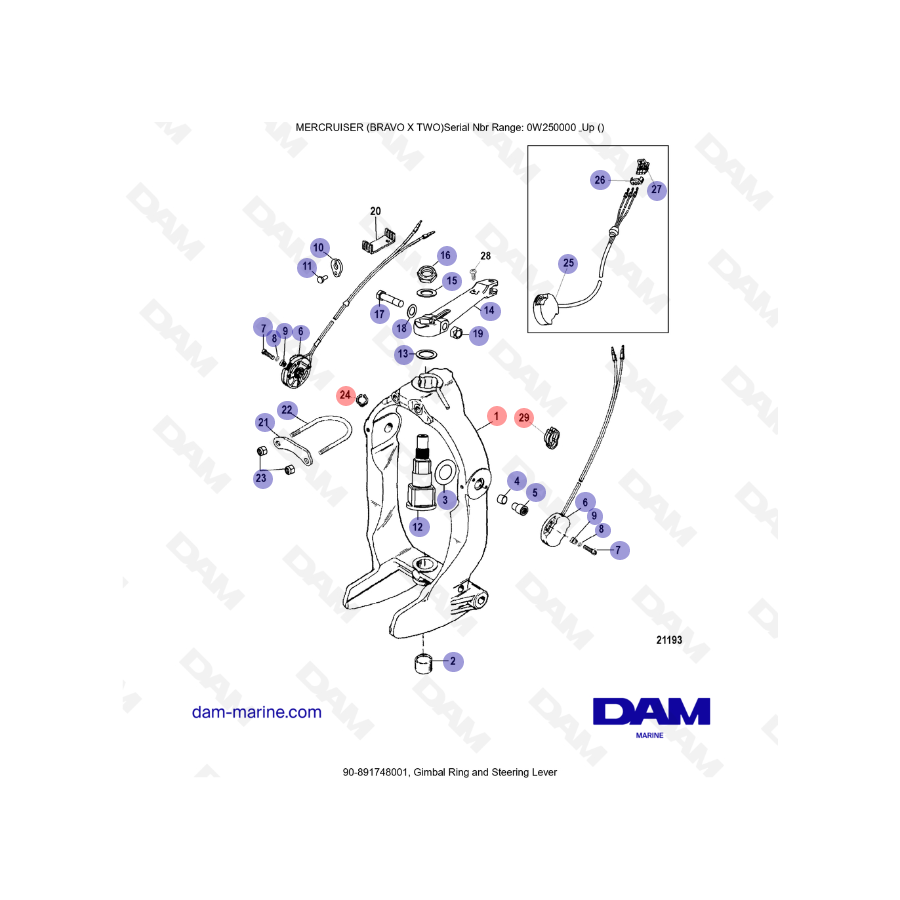 Vue éclatée Levier de direction embase Mercruiser Bravo 2 X