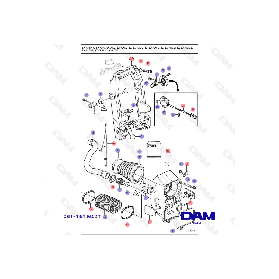 Vue éclatée fourche de direction embase Volvo Penta SX-A Vue éclatée fourche de direction embase Volvo Penta SX-A