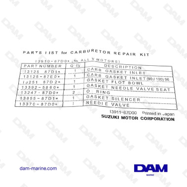 KIT CARBURATEUR SUZUKI 2T 13910-87D00