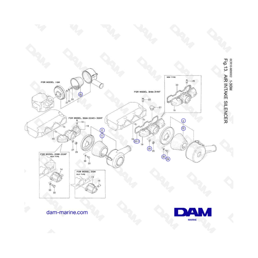 Silenciador de admisión de aire para Yanmar 1GM, 2GM, 3GM, 3HM