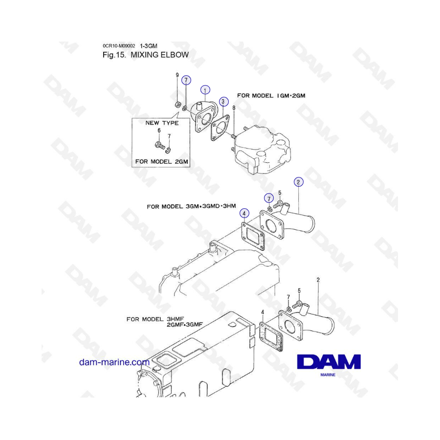 Codo mezclador Yanmar 1GM, 2GM, 3GM, 3GMD, 3HM, 3HMF, 2GMF, 3GMF