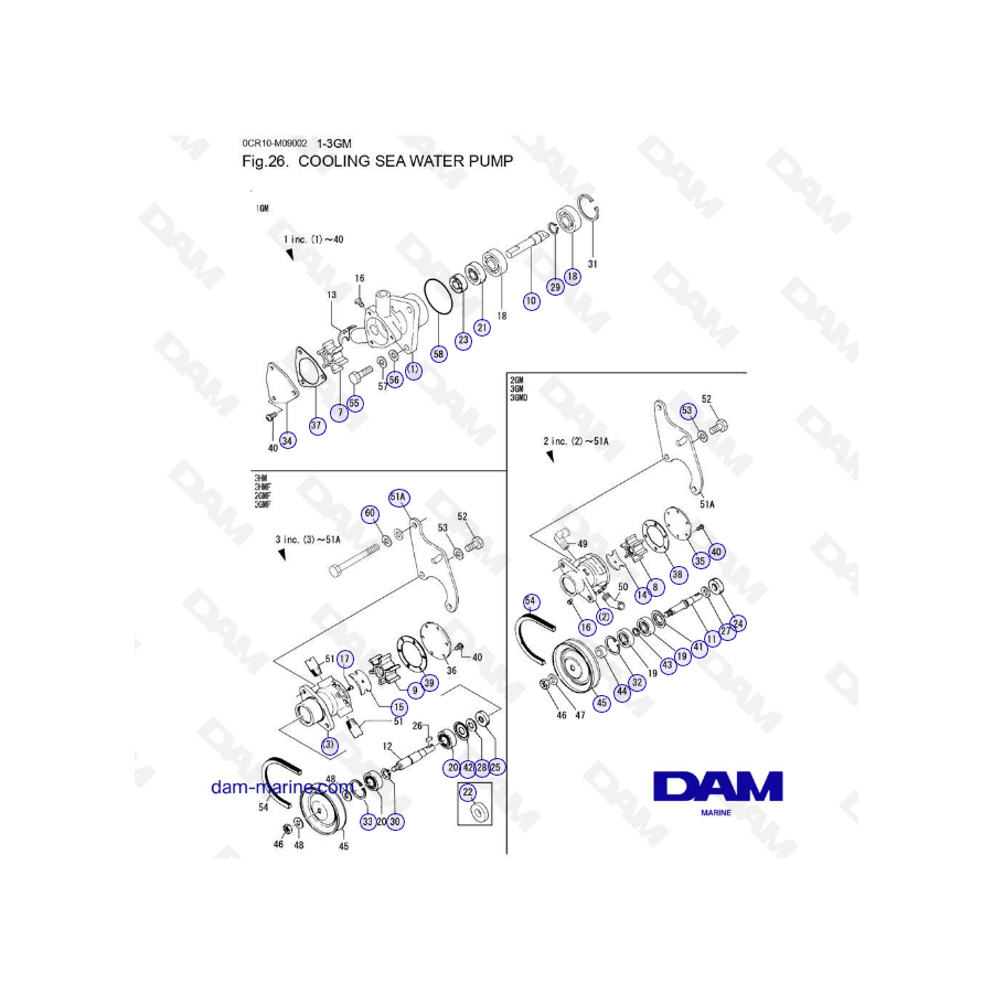 Yanmar 1GM, 2GM, 3GM, 3HM - Bomba de agua de mar para refrigeración