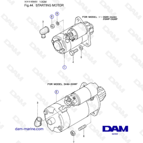 Yanmar 1GM, 2GM, 3GM, 3HM (F & D) - Starting motor