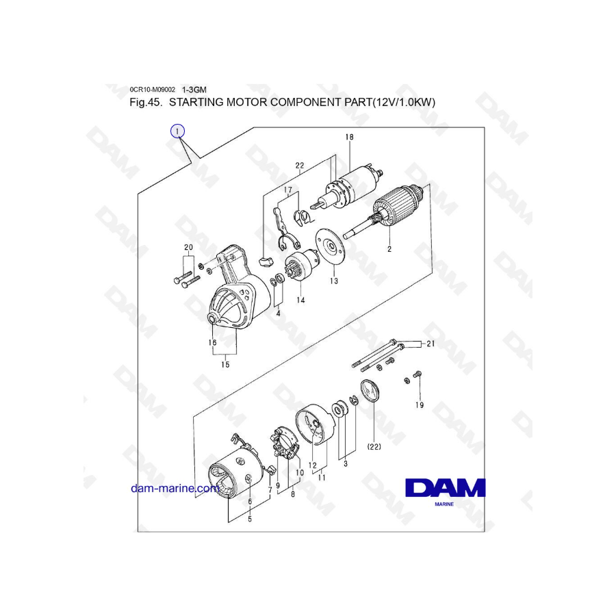 Yanmar 1GM, 2GM, 3GM, 3HM - Starting motor component part (12V/1.0KW)
