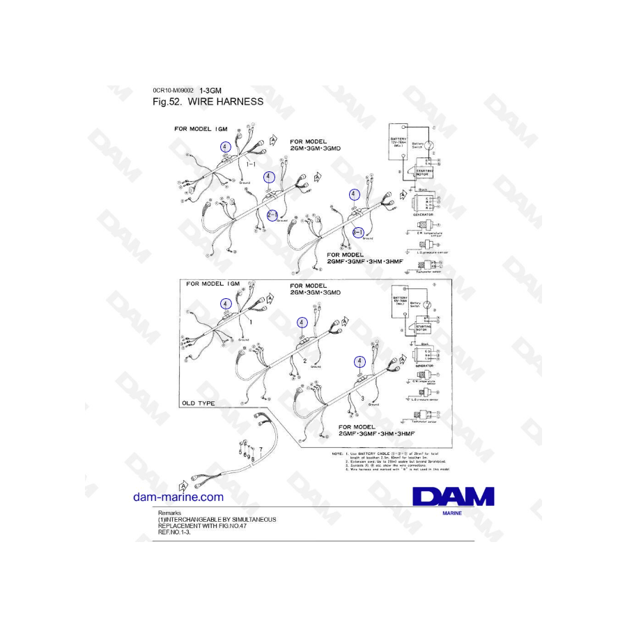 Yanmar 1GM, 2GM, 3GM, 3HM (F y D) - Arnés de cables