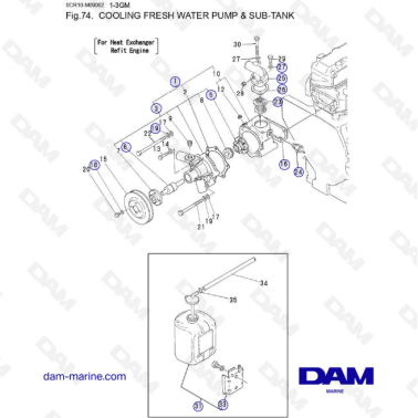 Yanmar 1GM, 2GM, 3GM - COOLING FRESH WATER PUMP & SUB-TANK