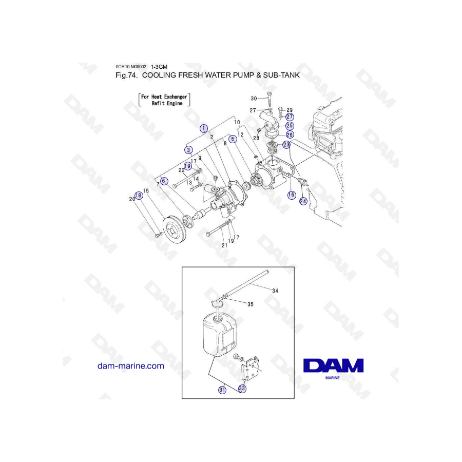 Yanmar 1GM, 2GM, 3GM - BOMBA DE AGUA DULCE DE REFRIGERACIÓN Y SUBTANQUE 