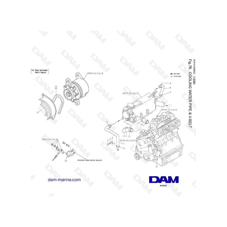 Yanmar 1GM, 2GM, 3GM - TUBERÍA DE AGUA DE REFRIGERACIÓN Y CORREA BELT