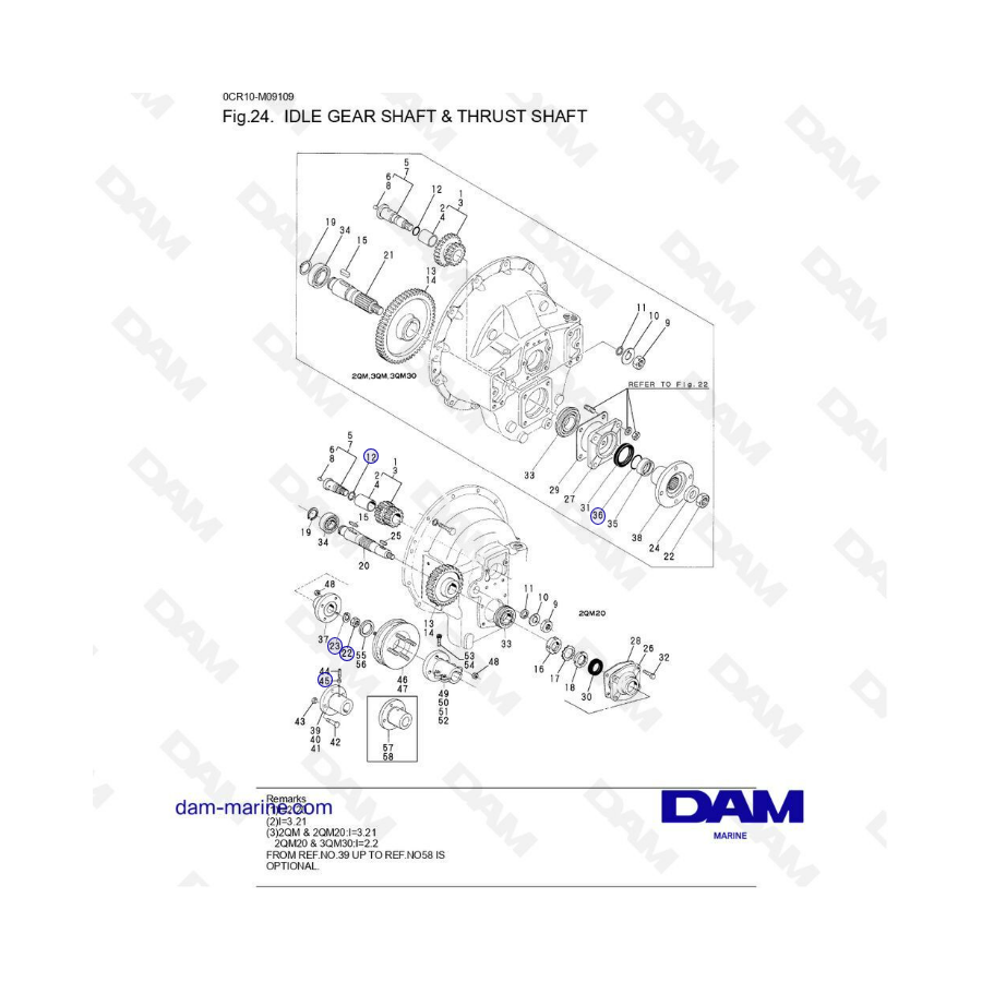 Yanmar 2QM - Idle gear shaft & Thrust shaft