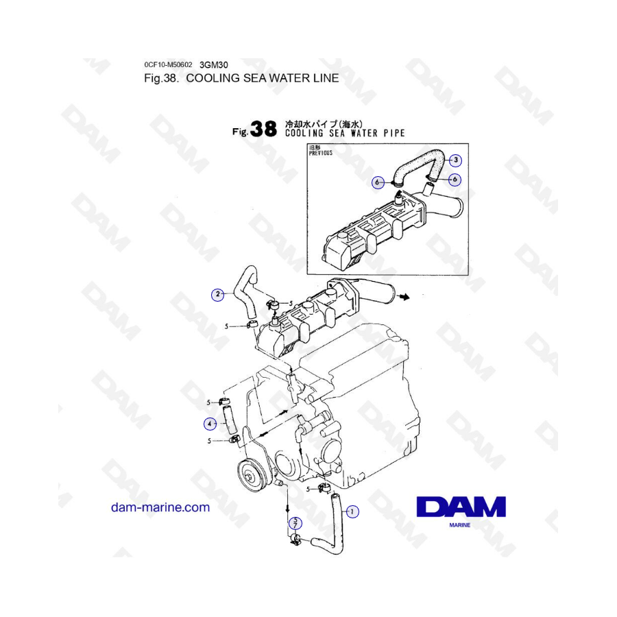 Yanmar 3GM30 - Línea de agua de mar de refrigeración 