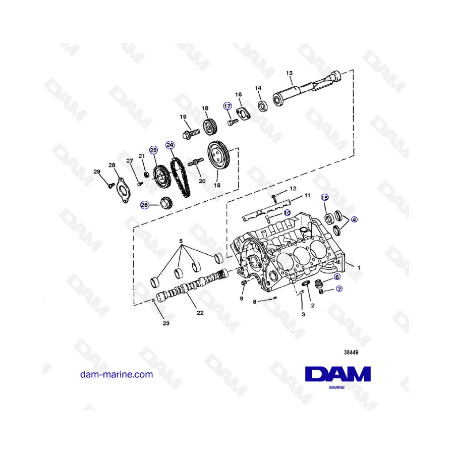 EXPLODED VIEW - MERCRUISER 4.3L (GEN 2) GM262 V6 - 1996 - CYLINDER BLOCK