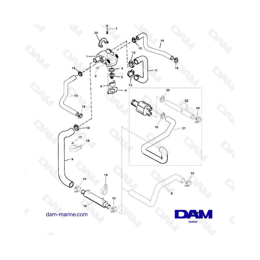 VISTA DE DESPIECE - MERCRUISER 4.3L (GEN 2) GM262 V6 - 1996 - SISTEMA DE REFRIGERACIÓN ESTÁNDAR