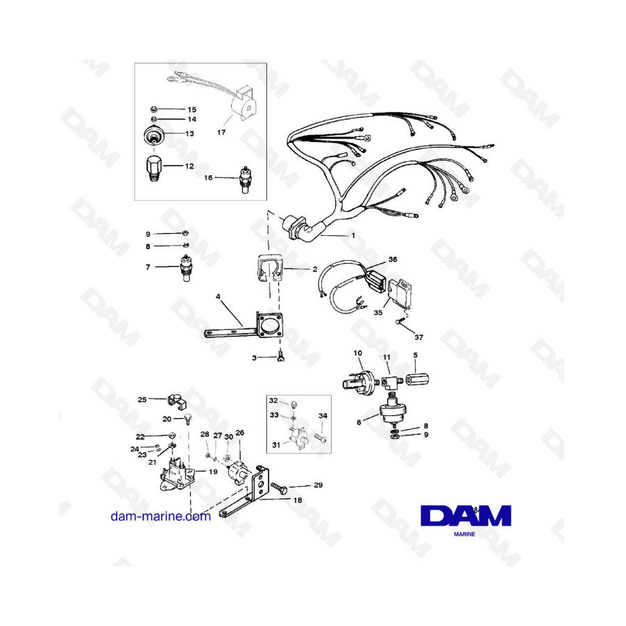 VISTA DESPIECE - MERCRUISER 4.3L (GEN 2) GM262 V6 - 1996 - Arnés de cableado y componentes eléctricos
