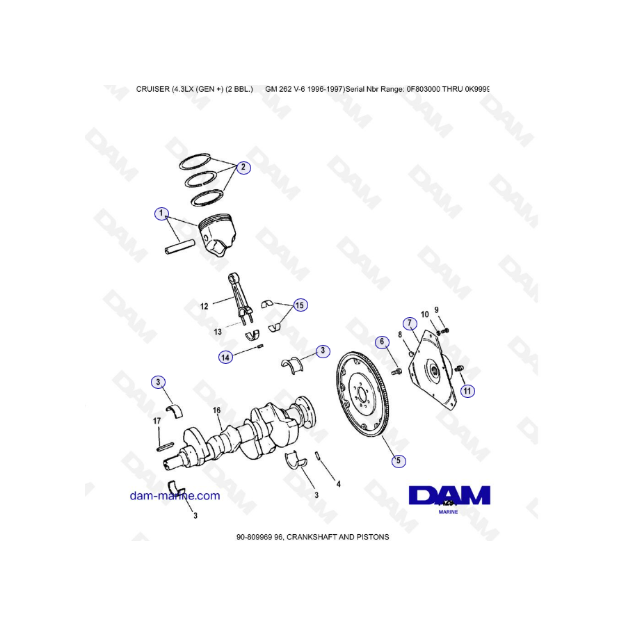 VISTA DE DESPIECE - MERCRUISER 4.3LX (GEN +) GM262 V6 - 1996-1997 - Cigüeñal y pistón