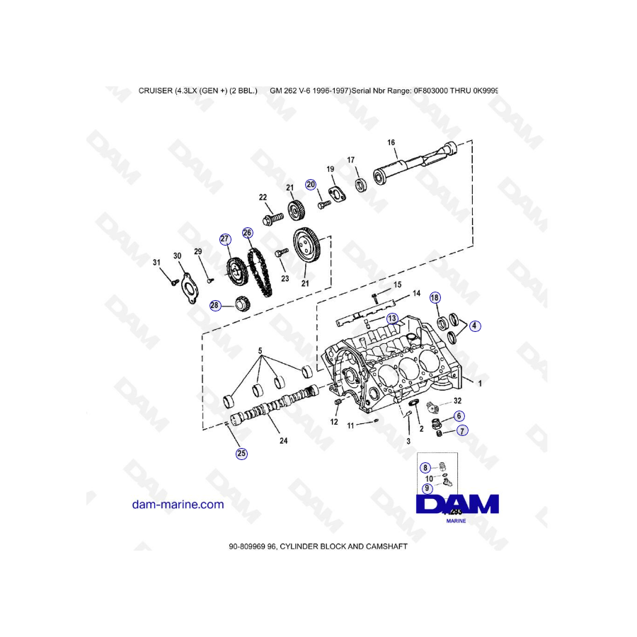 EXPLODED VIEW - MERCRUISER 4.3LX (GEN +) GM262 V6 - 1996-1997 - CYLINDER BLOCK & CAMSHAFT