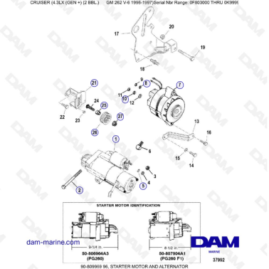 VUE ECLATEE - MERCRUISER 4.3LX (GEN +) GM262 V6 - 1996-1997 - Démarreur & Alternateur