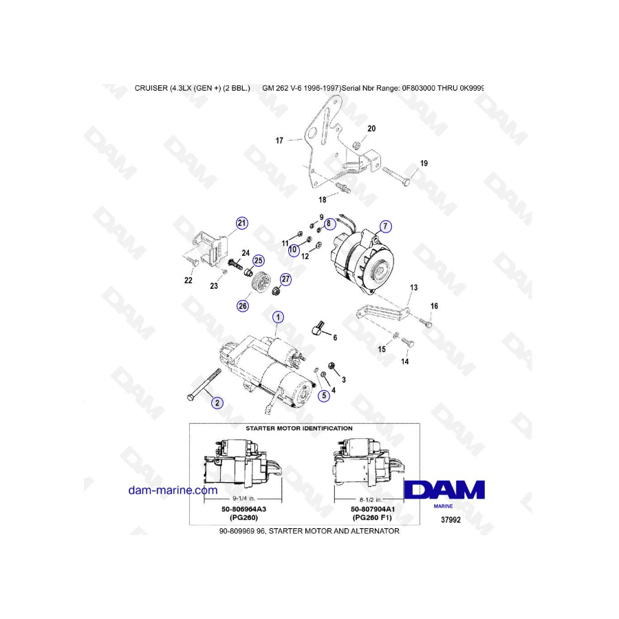 VISTA DE DESPIECE - MERCRUISER 4.3LX (GEN +) GM262 V6 - 1996-1997 - Arranque y alternador