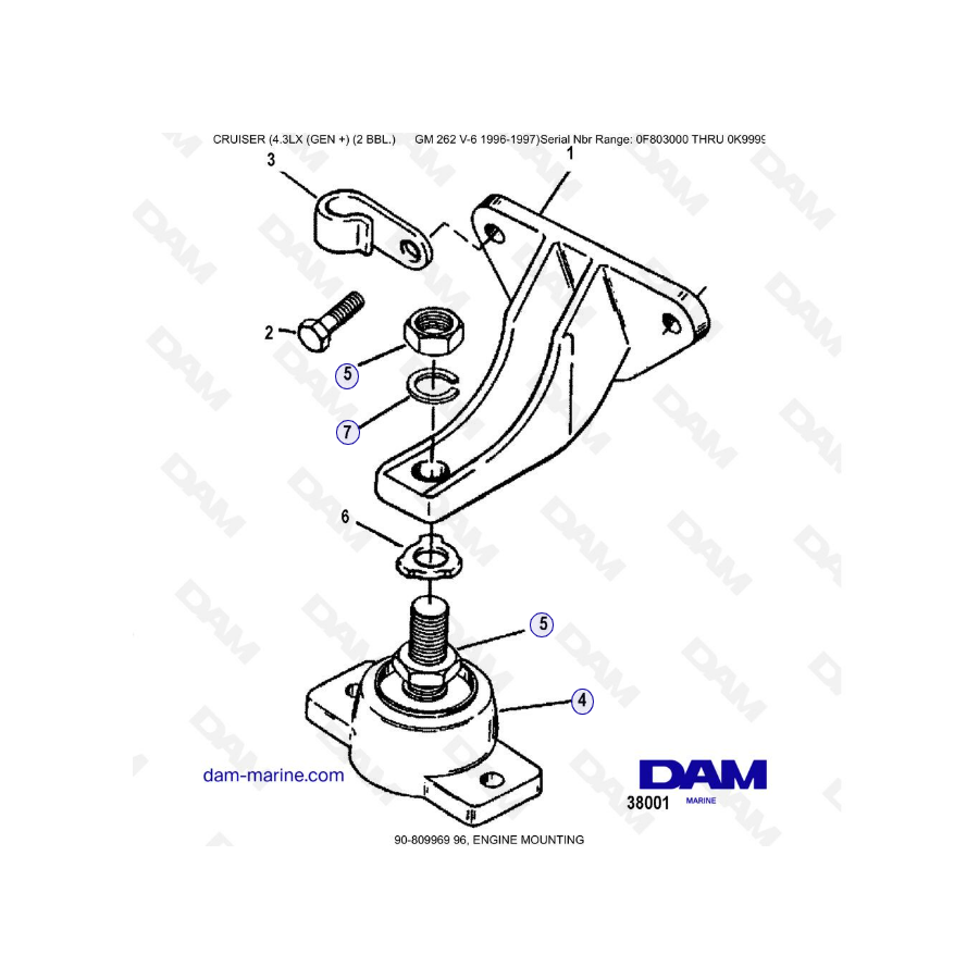 VISTA DESCUBIERTA - MERCRUISER 4.3LX (GEN +) GM262 V6 - 1996-1997 - Soporte de motor