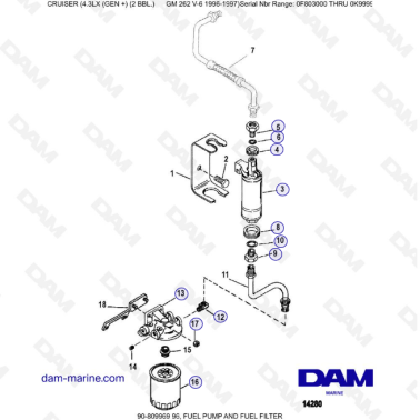 VUE ECLATEE - MERCRUISER 4.3LX (GEN +) GM262 V6 - 1996-1997 - Pompe à gasoil et filtre à gasoil