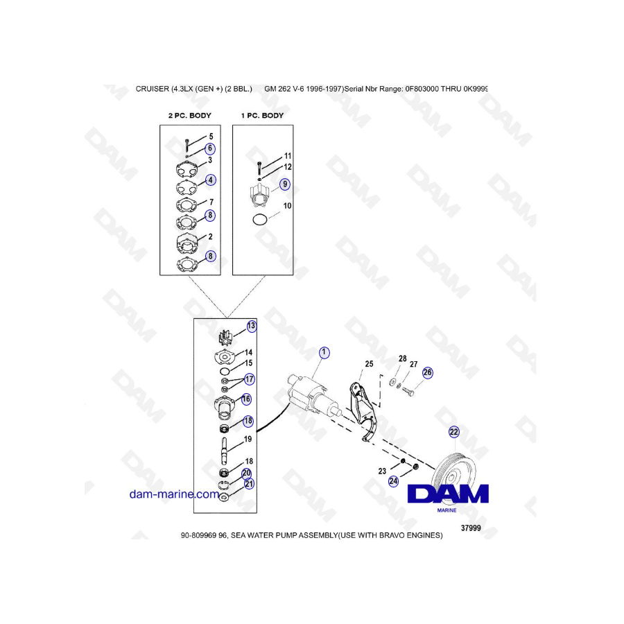 VISTA DE DESPIECE - MERCRUISER 4.3LX (GEN +) GM262 V6 - 1996-1997 - Bomba de agua de mar (bases BRAVO)