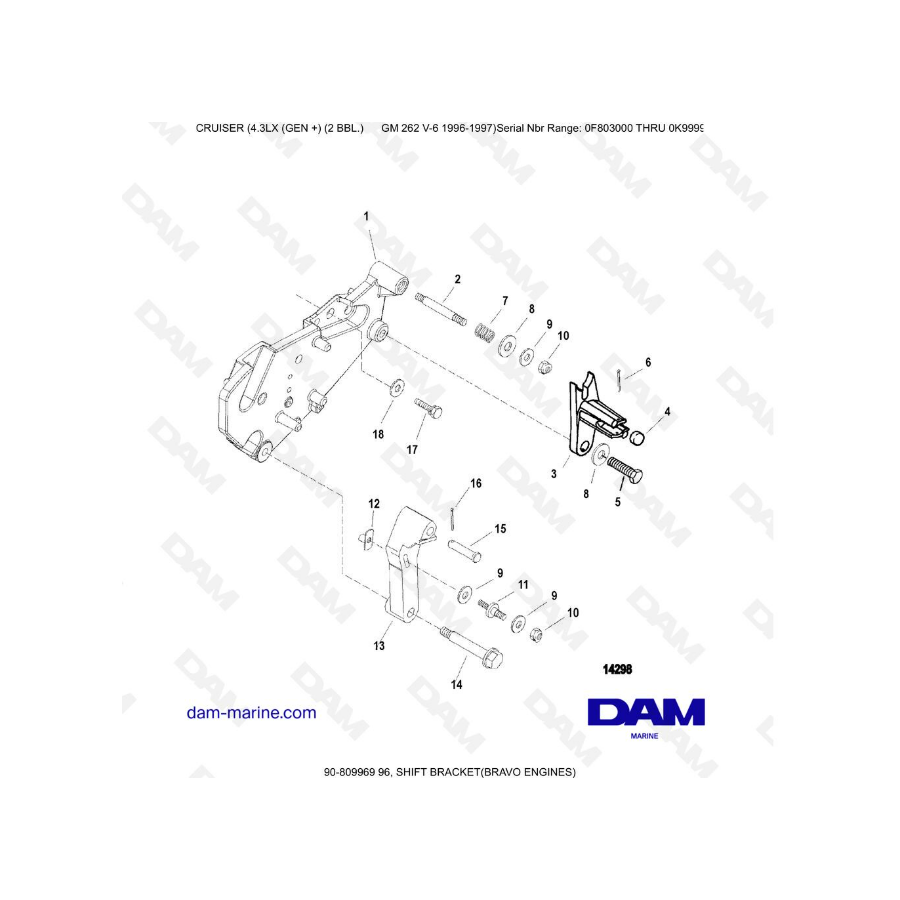 VISTA DE DESPIECE - MERCRUISER 4.3LX (GEN +) GM262 V6 - 1996-1997 - SOPORTE DE CAMBIOS (BRAVO)