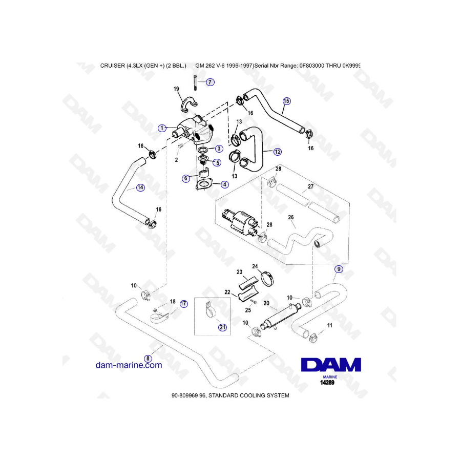 VISTA DESCUBIERTA - MERCRUISER 4.3LX (GEN +) GM262 V6 - 1996-1997 - Sistema de refrigeración estándar