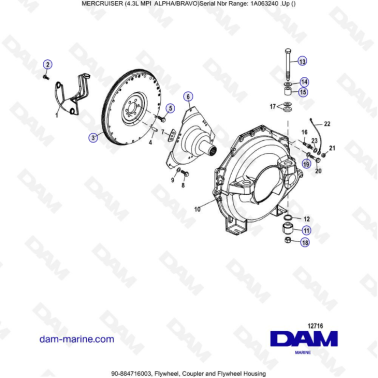 VUE ECLATEE - MERCRUISER 4.3L MPI ALPHA/BRAVO - Flywheel, coupler & flywheel housing