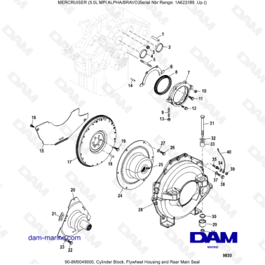 MERCRUISER 5.0L MPI ALPHA-BRAVO - Cylinder block, flywheel housing & rear main seal