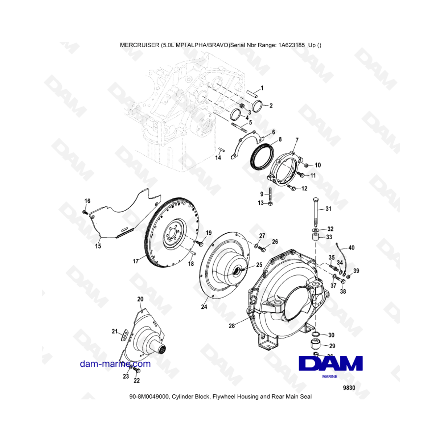 MERCRUISER 5.0L MPI ALPHA-BRAVO - Cylinder block, flywheel housing ' rear main seal