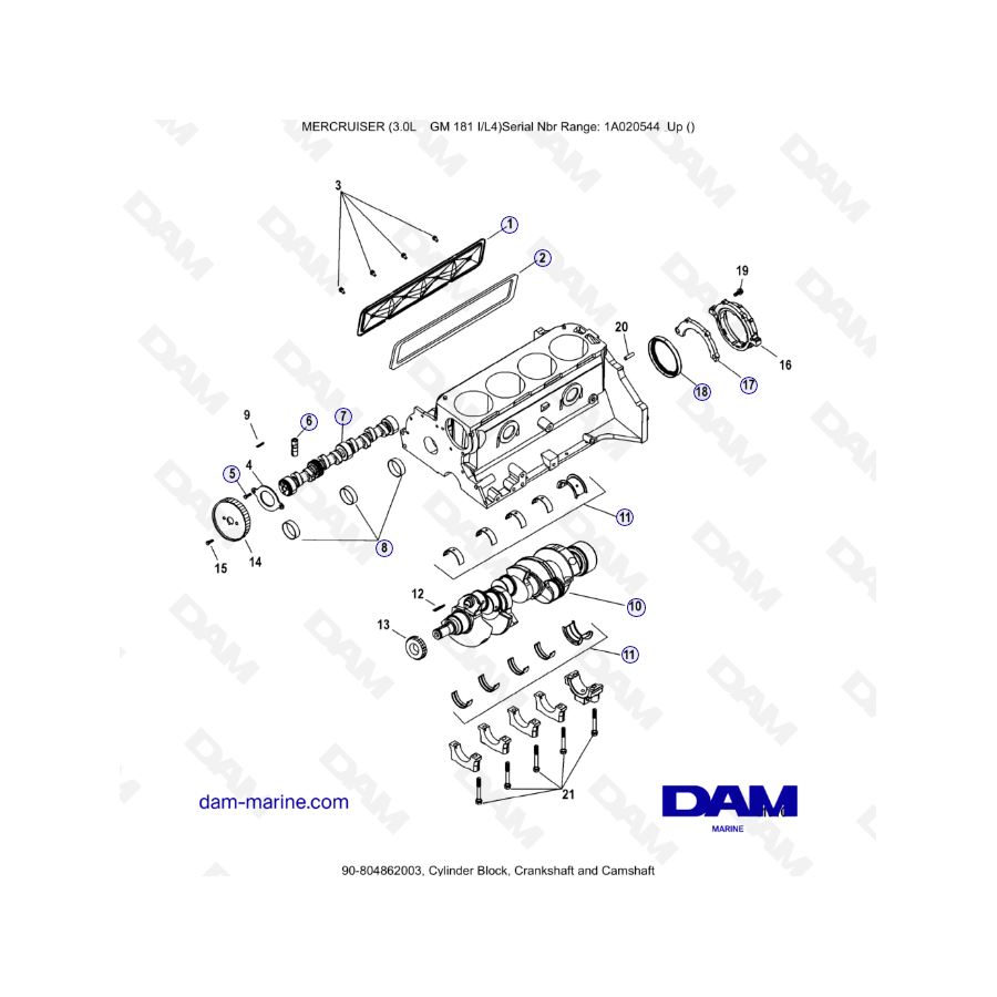 MERCRUISER 3.0L GM181 - Bloque de cilindros, cigüeñal y árbol de levas