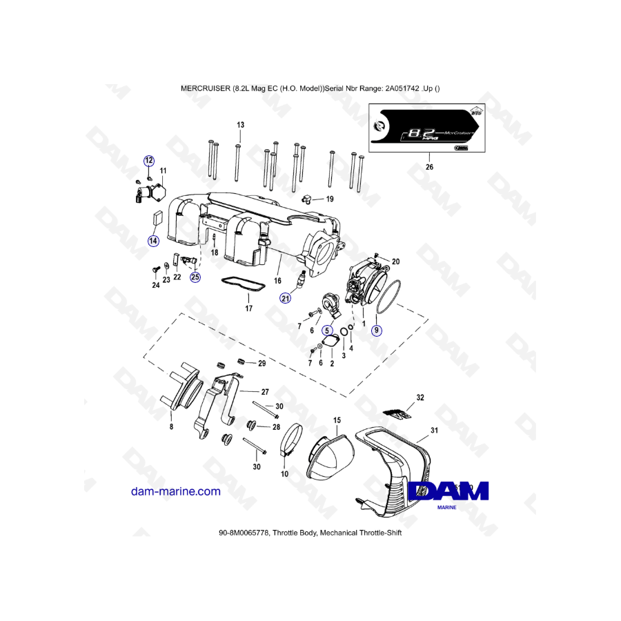 MERCRUISER 8.2L MAG HO EC - Cuerpo del acelerador, cambio mecánico del acelerador