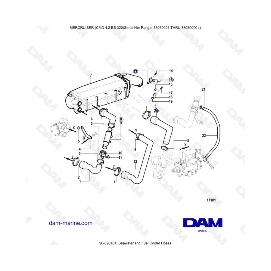 MERCRUISER CMD 4.2 ES 320 - Mangueras de refrigeración de agua de mar y combustible