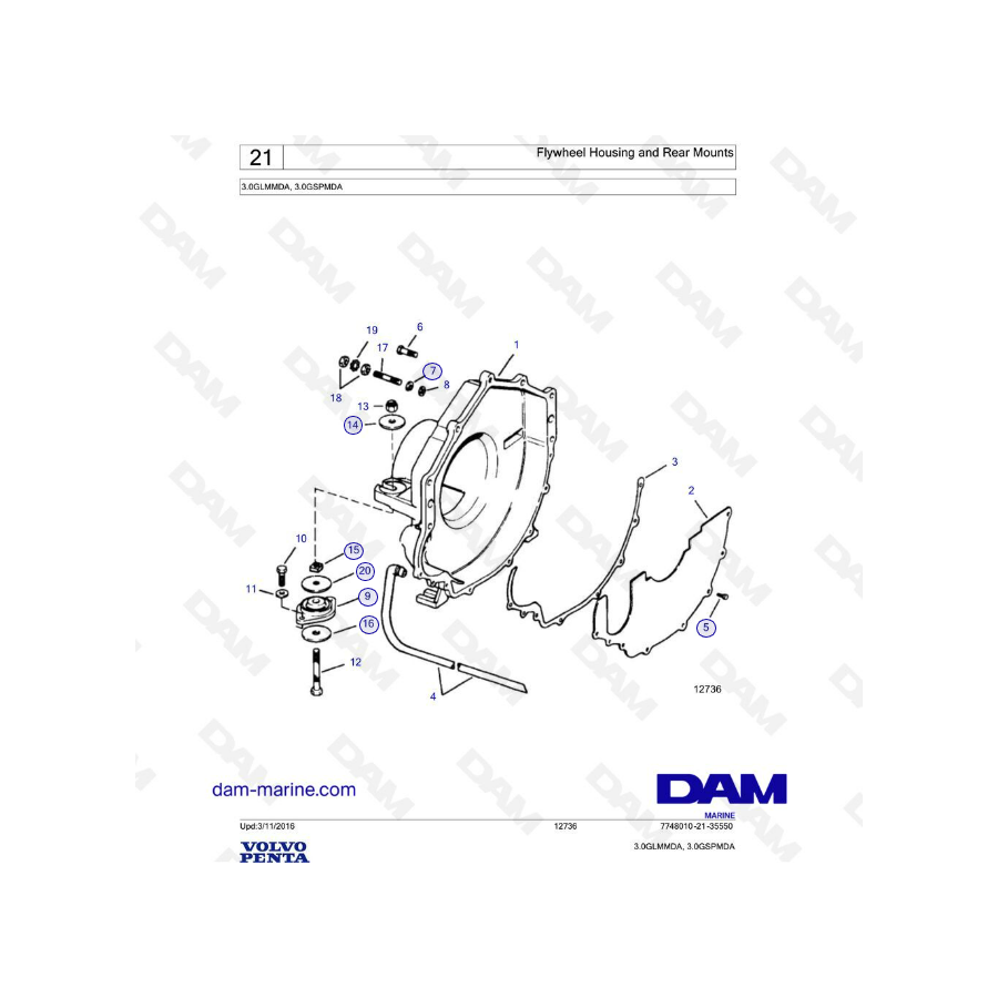 VOLVO PENTA 3L GL / 3L GS - Carcasa del volante y soportes traseros