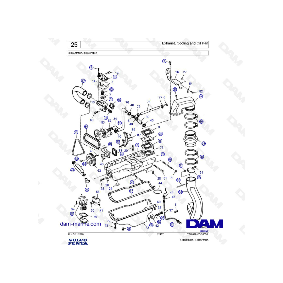 Volvo Penta 3L GL / 3L GS - Escape, refrigeración y cárter de aceite