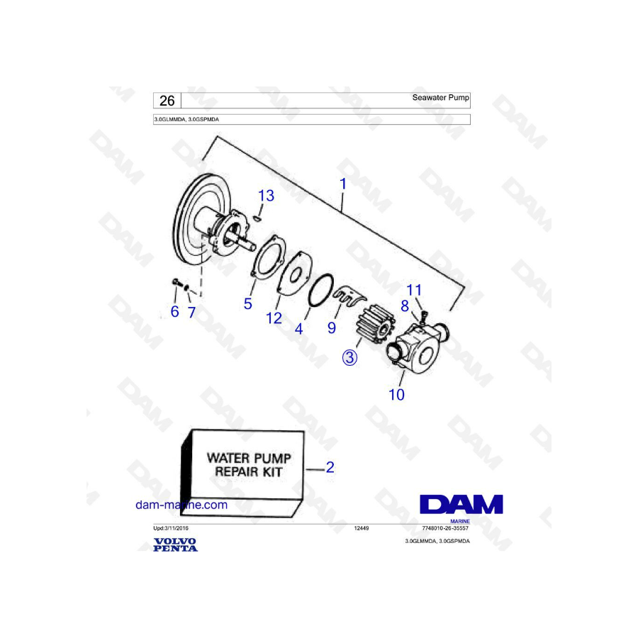 Volvo Penta 3L GL / 3L GS - Bomba de agua de mar