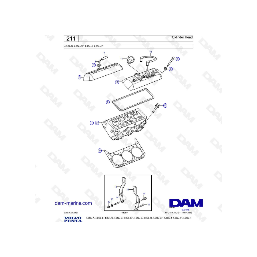Volvo Penta 4.3GL-G, 4.3GL-GF, 4.3GL-J, 4.3GL-JF - Cylinder head