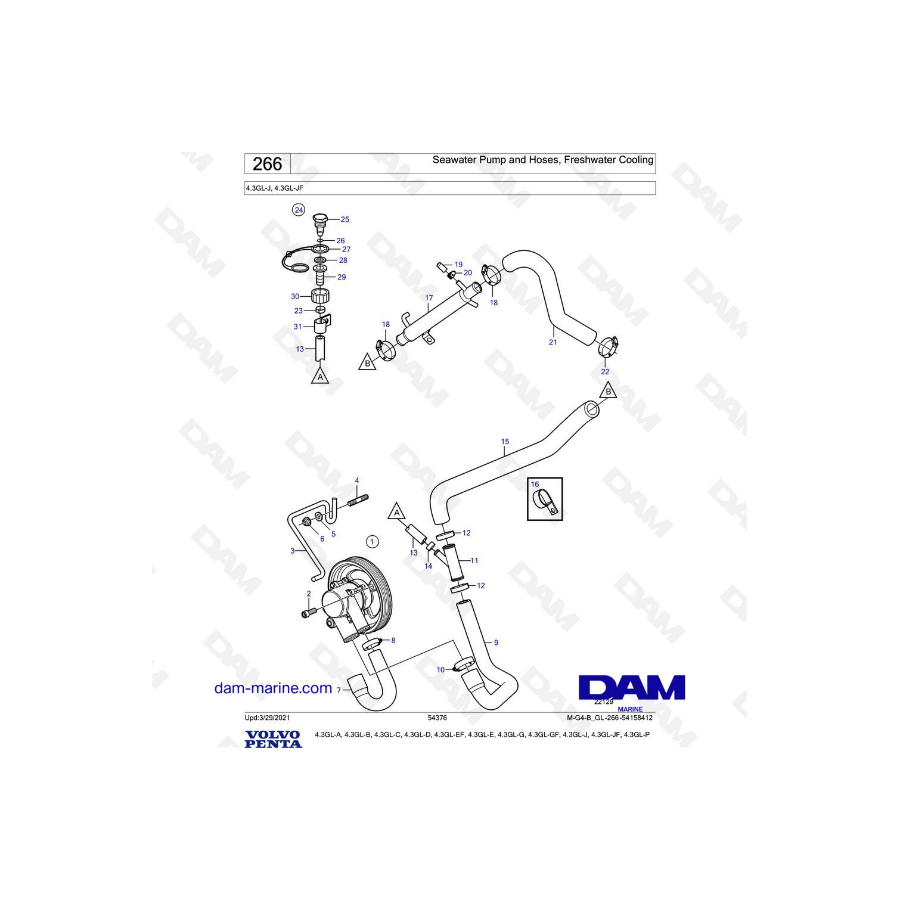 Volvo Penta 4.3L GL - Seawater pump & hoses, freshwater cooling