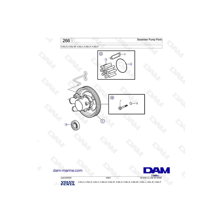 Volvo Penta 4.3L GL - Piezas de la bomba de agua de mar 