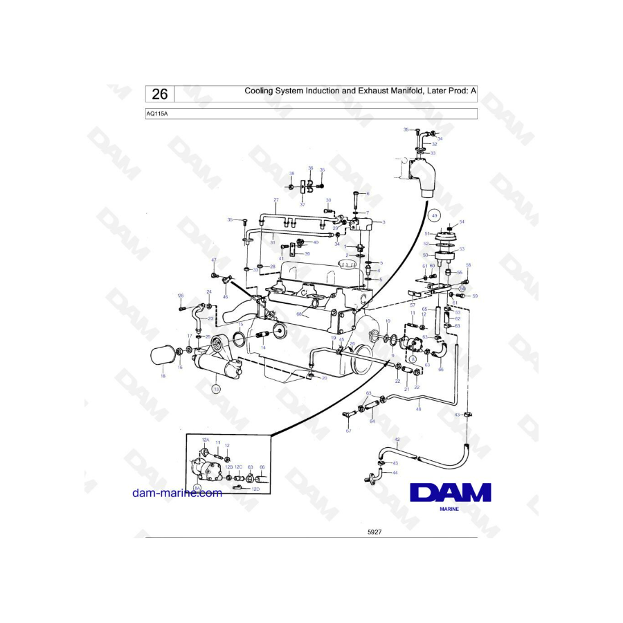 Volvo Penta AQ115 - Sistema de refrigeración, colector de inducción y escape, producción posterior: A