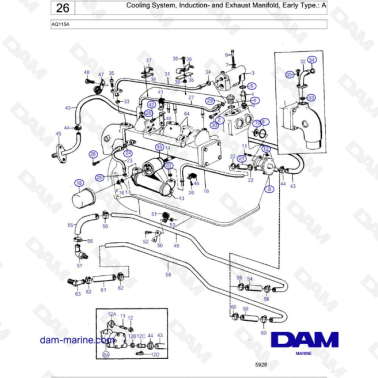 Volvo Penta AQ115 - Cooling System, Induction- and Exhaust Manifold, Early Type.: A