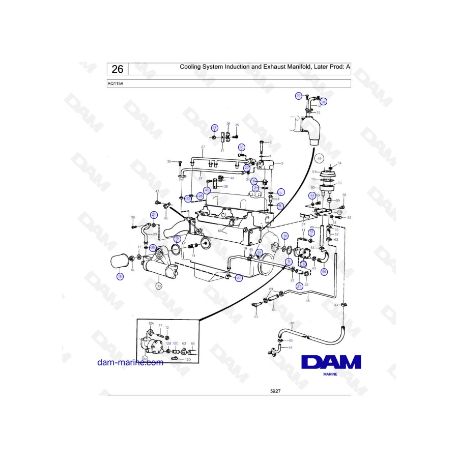 Volvo Penta AQ115 - Sistema de refrigeración, colector de inducción y escape, producción posterior: A