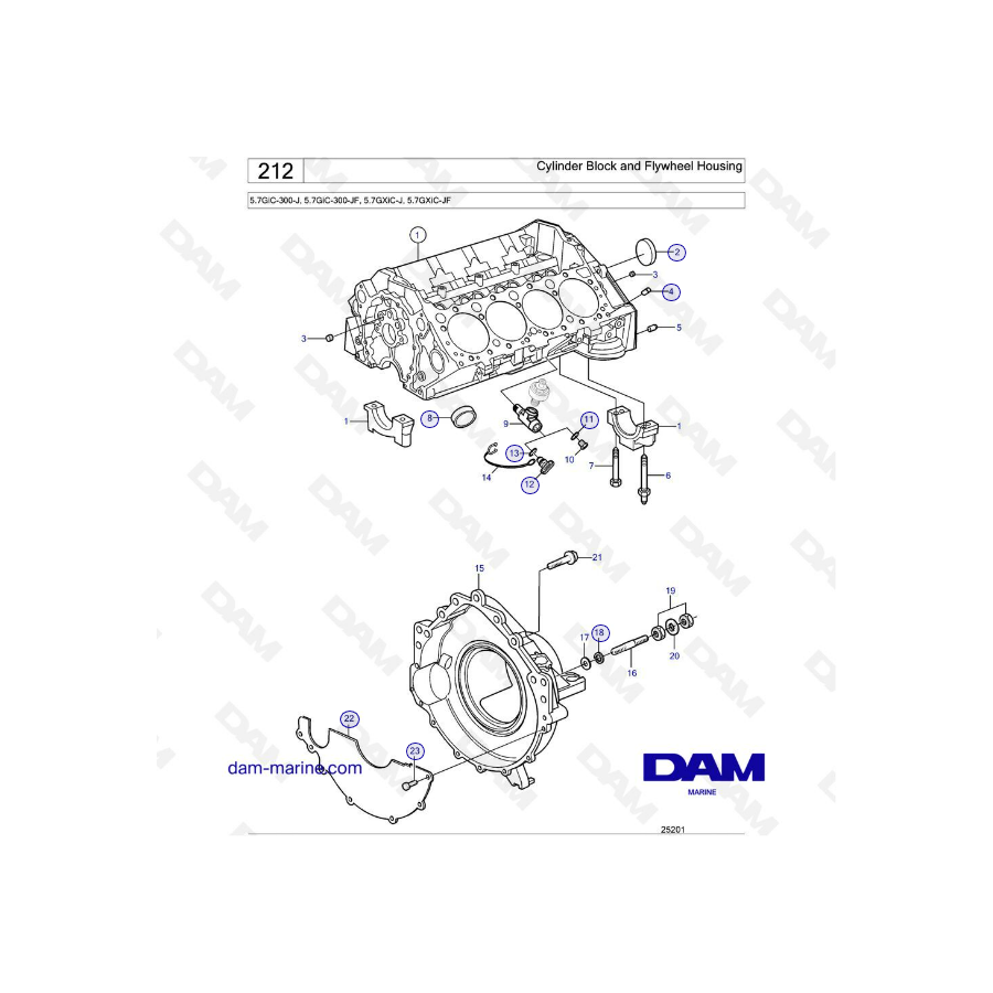 Volvo Penta 5.7L GXI - Bloque de cilindros y carcasa del volante