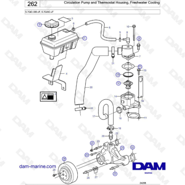 Volvo Penta 5.7L GXI - Circulation pump & thermostat housing, freshwater cooling