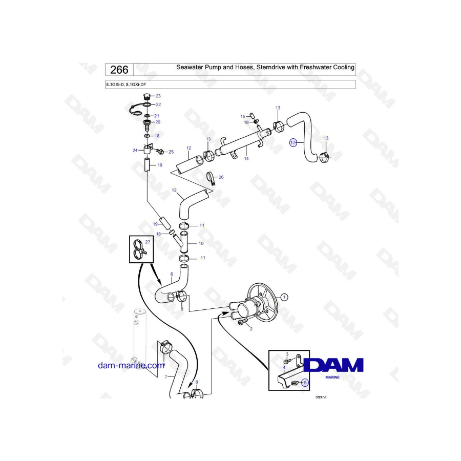 Volvo Penta 8.1L GXI - Seawater pump & hoses, sterndrive with freshwater cooling