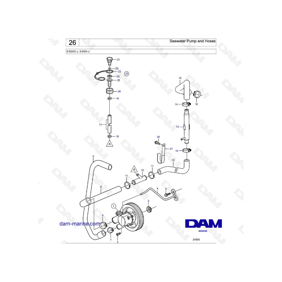 Volvo Penta 3.0L GXI - Seawater pump & hoses Volvo Penta 3.0L GXI - Seawater pump & hoses